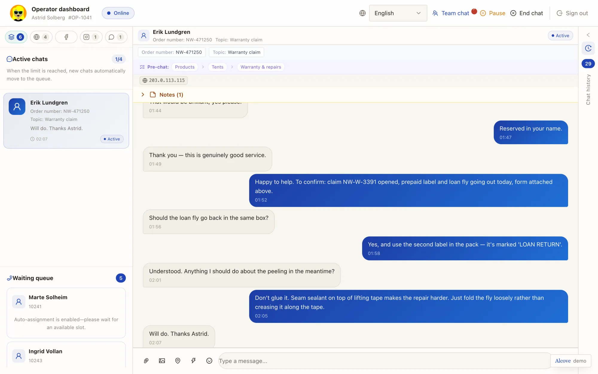 Alcove's operator inbox: a list of customer conversations beside an open chat thread with notes and quick replies.