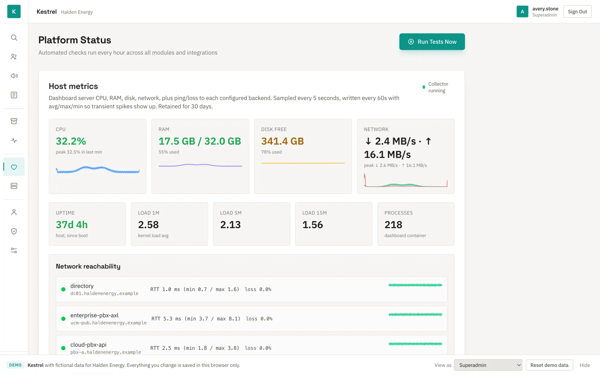 Kestrel's Platform Status screen: host metrics with sparklines and a network reachability list, beside an icon rail navigation.
